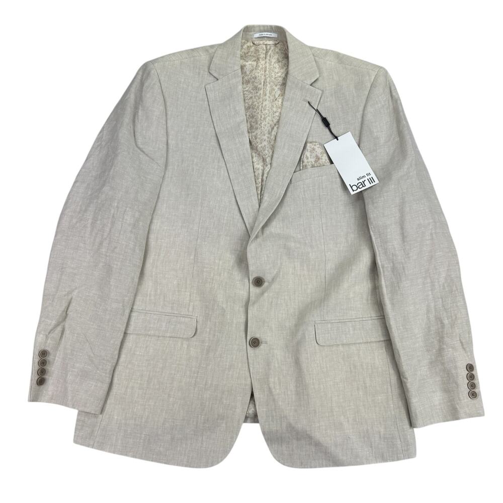 Bar III Mens Slim Fit 100% Linen Solid Suit Jacket Tan 44L